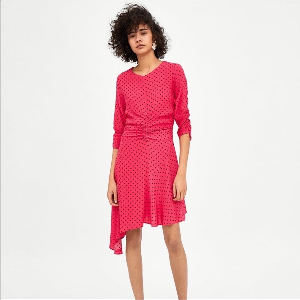 Zara Pink Fuchsia Polka Dot Asymmetrical Rouched Mid Sleeve Dress